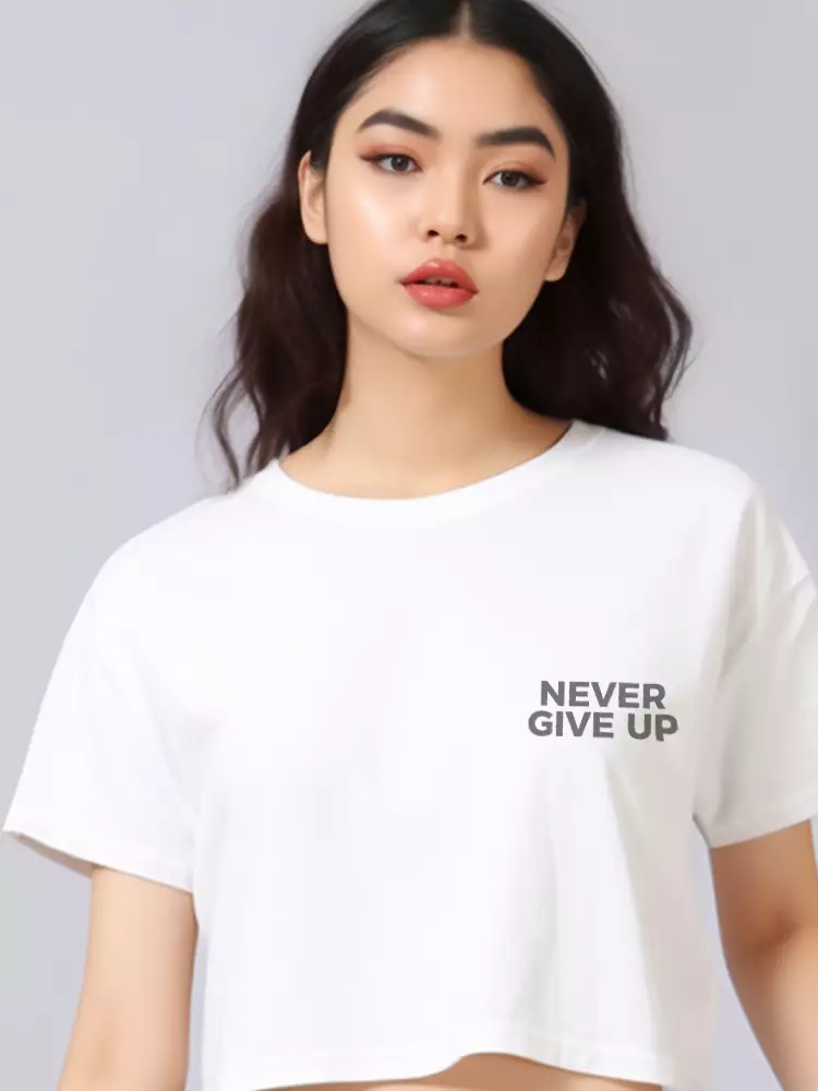 LTF18 kaos oversize crop top wanita OLC never give up putih