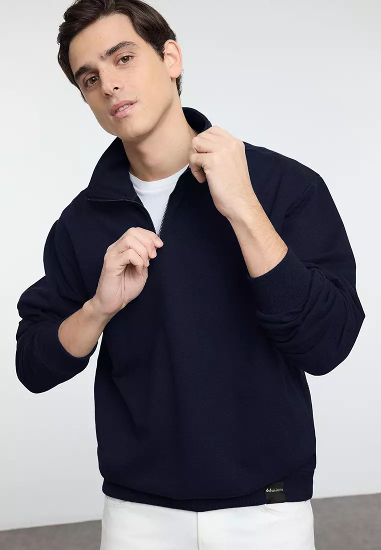 Navy Blue Oversize/Wide Cut Stand Collar Zippered Labeled Fleece Inside Sweatshirt TMNAW25SW00168