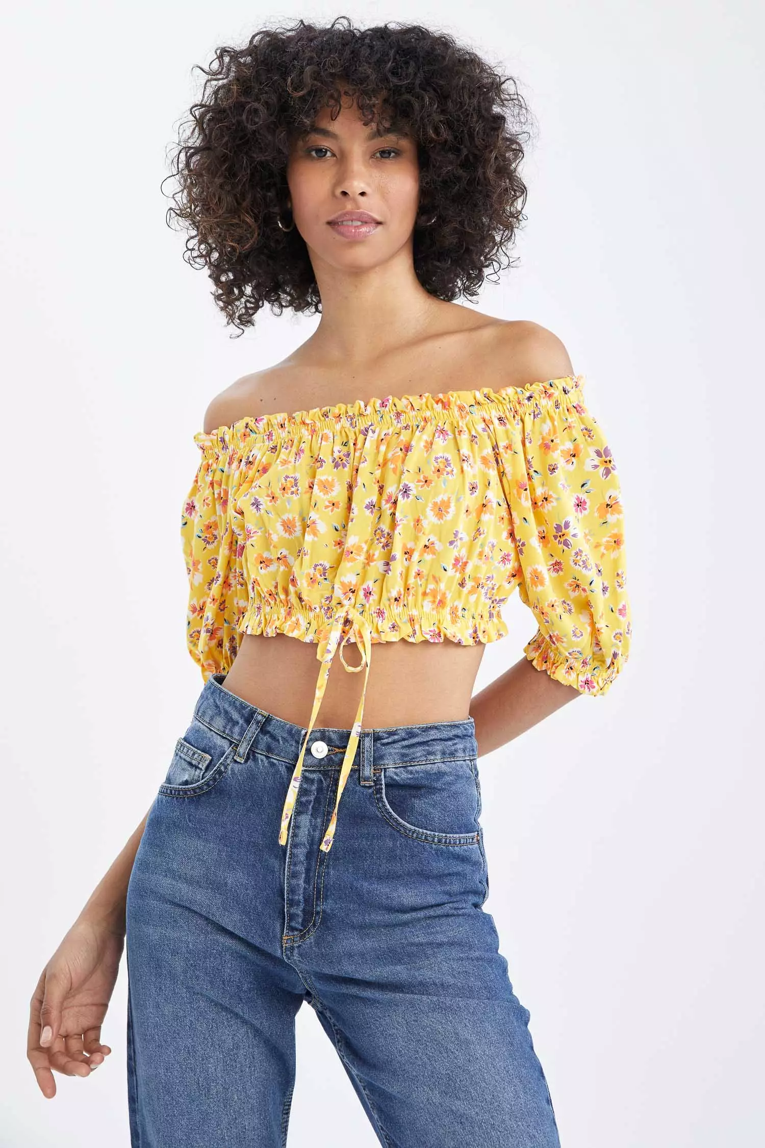 Yellow off the online shoulder crop top