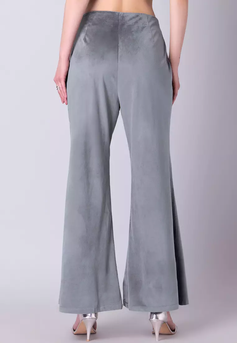 Grey Velour High Waist Flared Trousers
