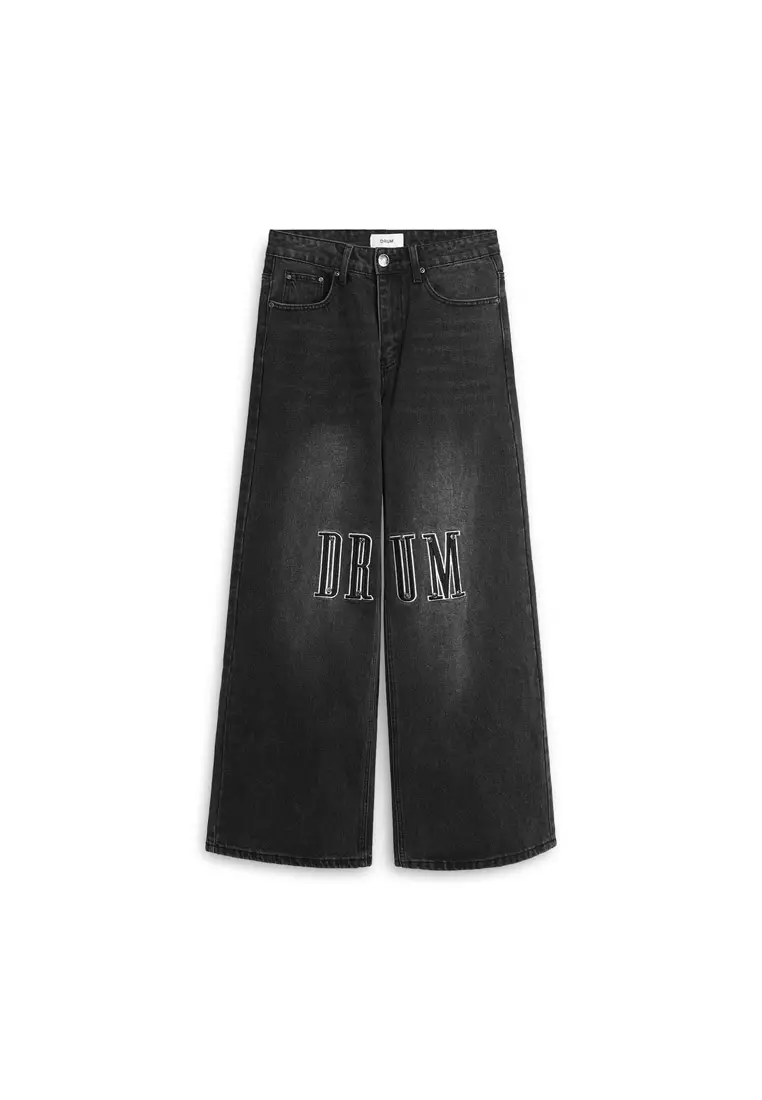 DRUM Select Studded Embroidery Baggy Jeans- Black