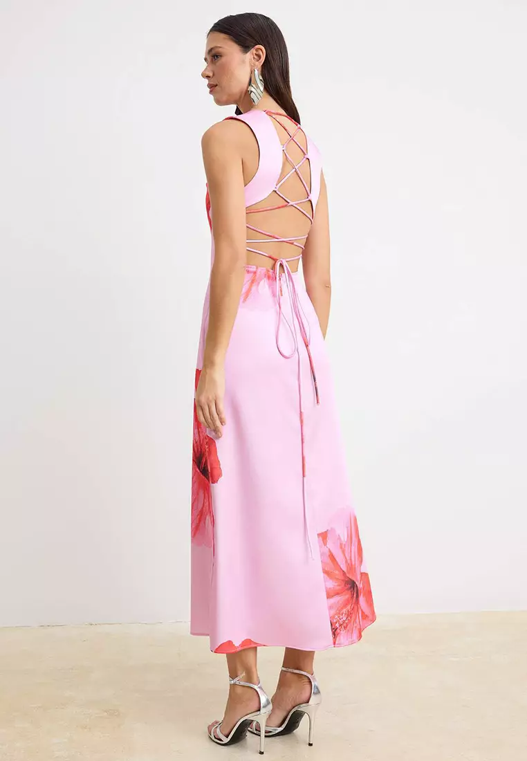 Multi-Colored Floral Woven Back Detailed Satin Maxi Dress Tprss26El119