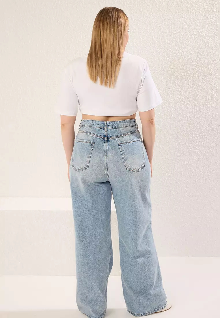 Light Blue High Waist Wide Leg Plus Size Wide Leg Jeans Tbbaw23Cj00020