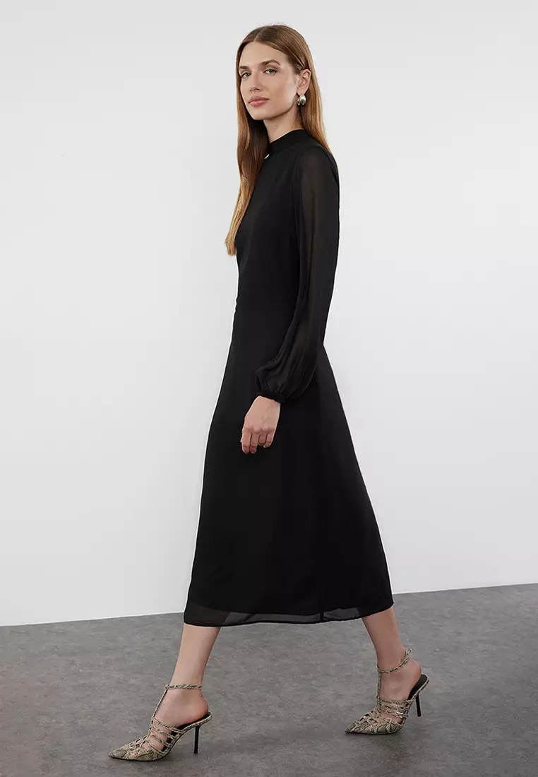 sachin and babi light blue dress Black Chiffon Foil Puff Sleeve Midi Dress | Needs No Label main image 0