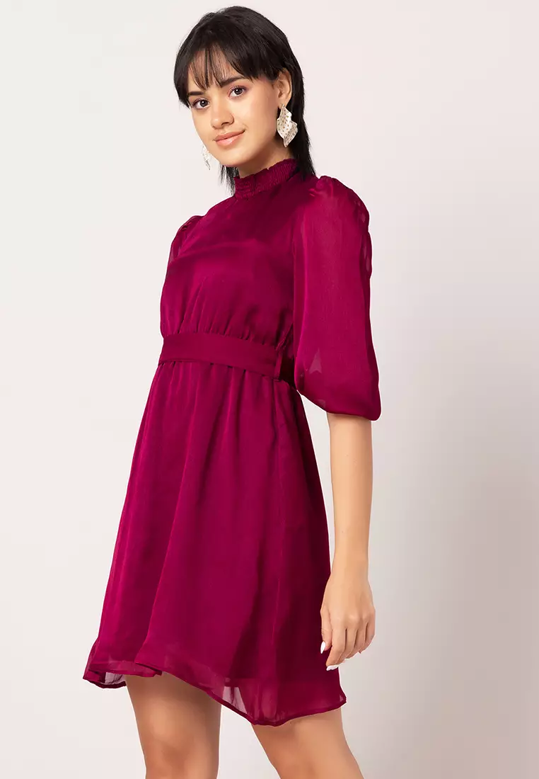 Purple High Neck Dress With Belt