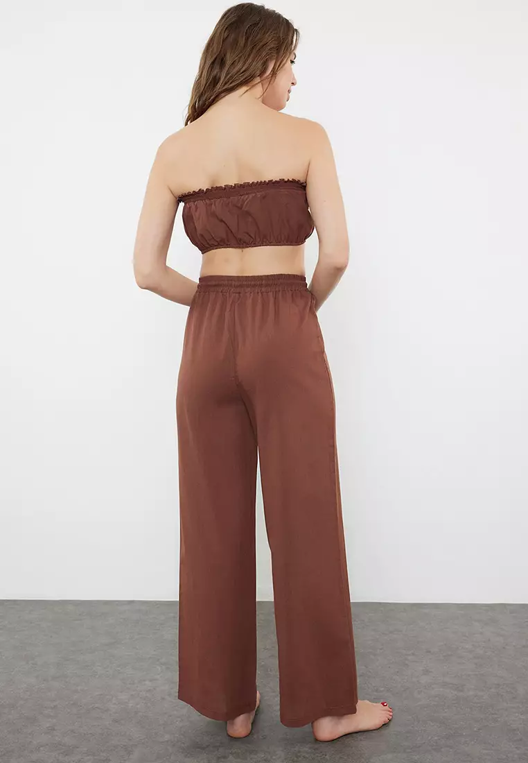 Brown  Weaving 100% Cotton Blouse Trousers Beach Set TBESS21AU0444