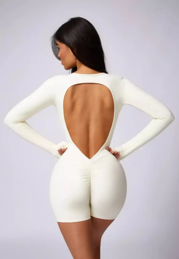 Bareback Romper – Open Back Long Sleeve Seamless Comfort Women Sculpting Fit Ultra-Stretch