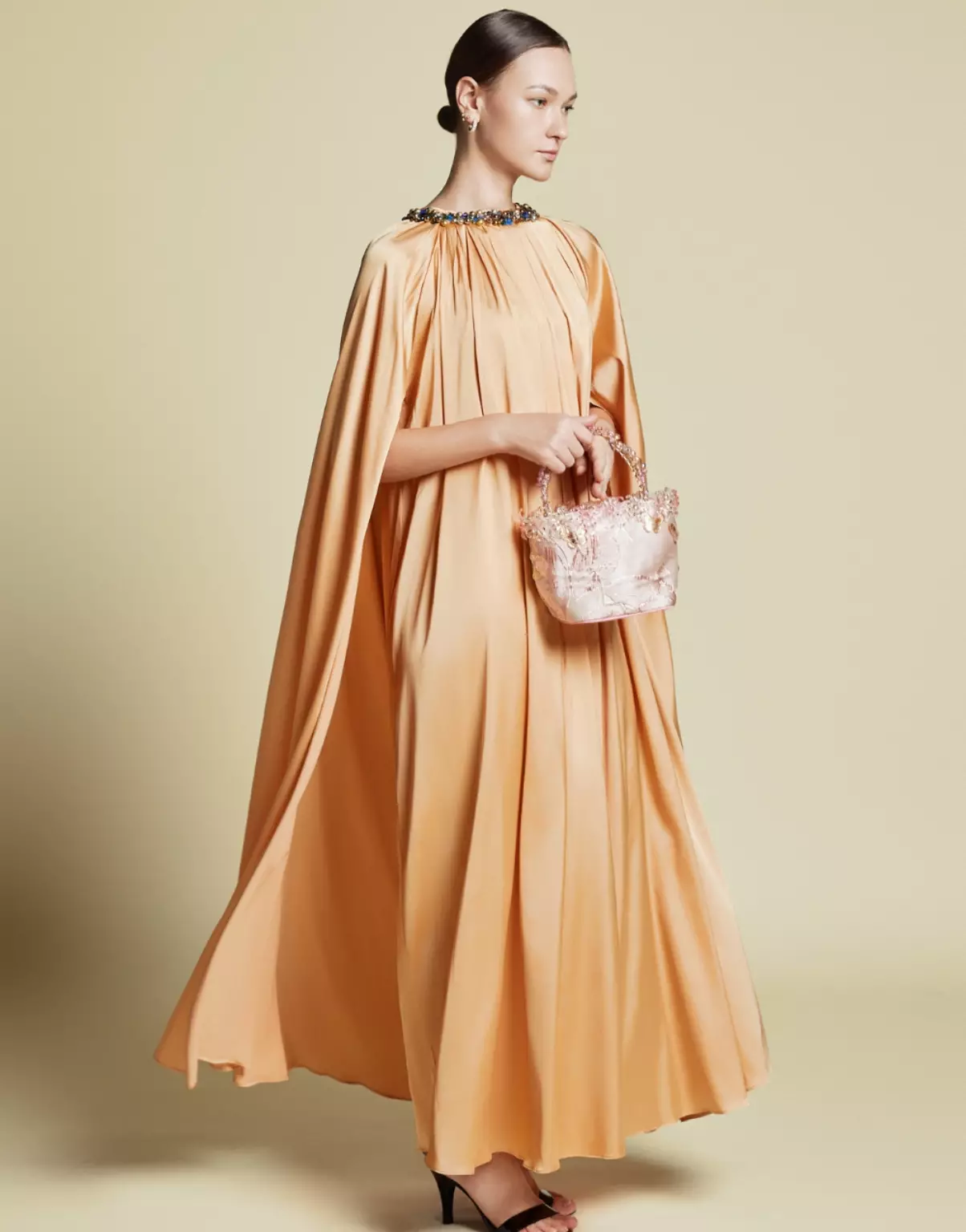 Demure Signature - Crystal Embellished Cape Kaftan in Italian silk Twill Light Peach - Dress