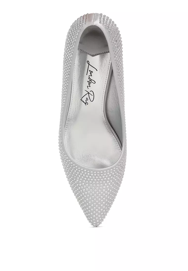 Rhinestones Embellished Kitten Heel Pumps in Silver