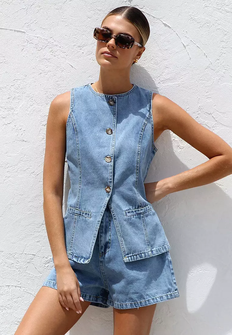 New Fashion Sleeveless Top High Waist Loose Denim Shorts Set CA25042268LGBL