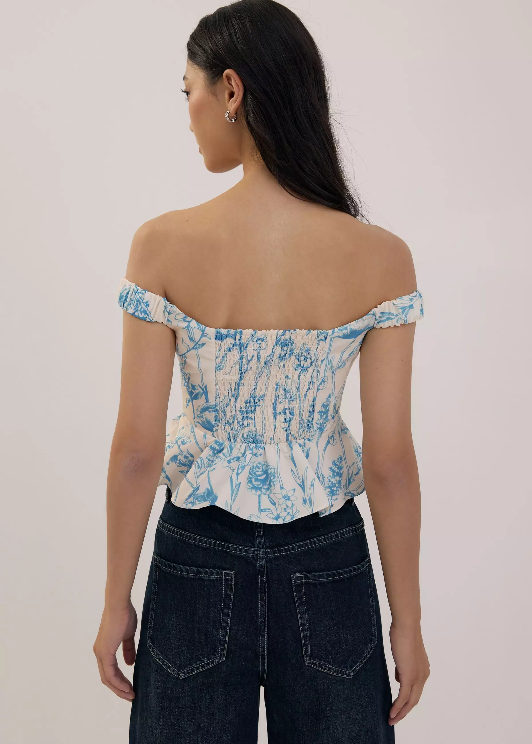 Atasan Wanita - Off Shoulder Peplum Top in Tidal Blooms