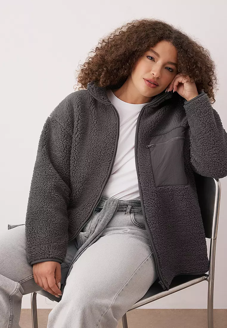 Winter Essentials Anthracite Thick Fleece Zippered Stand Collar Pocket Knitted Sweatshirt Tbbaw26Ao00022