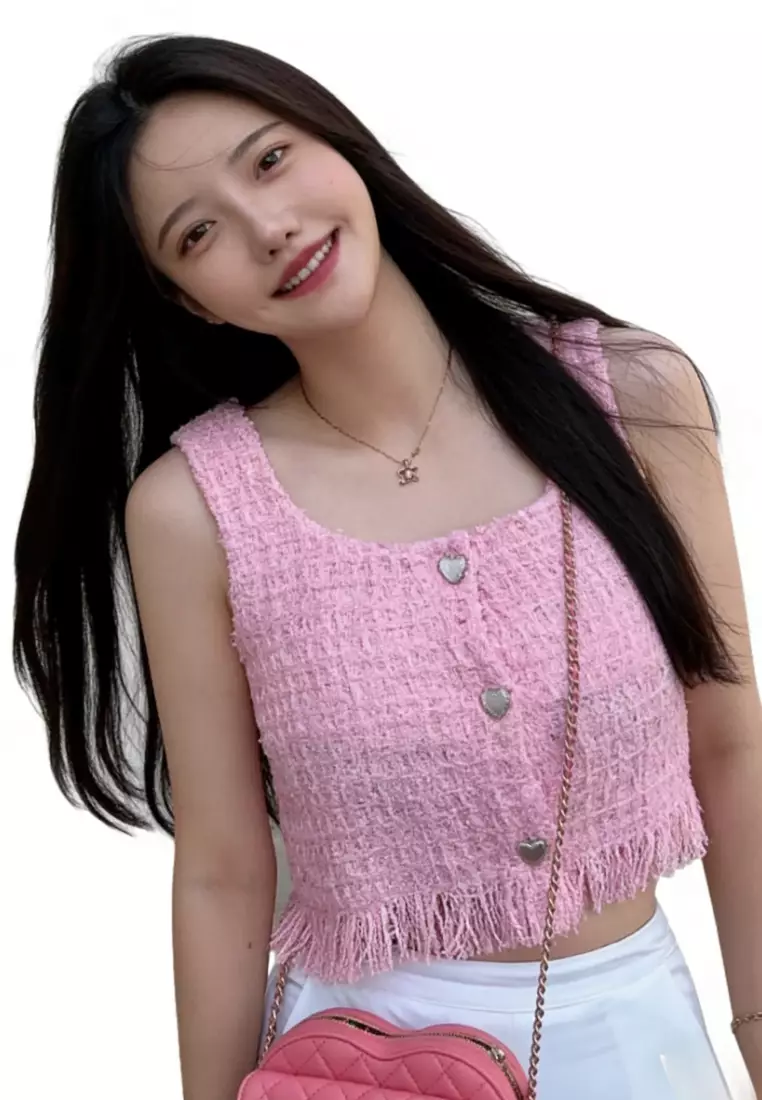 Square Neck Heart Button Fringe Crop Camis CA26031928PI