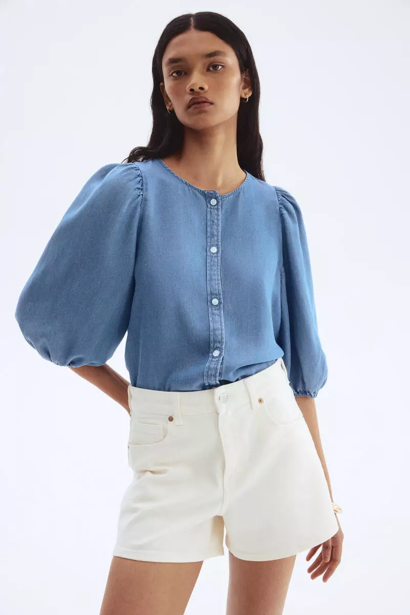 Balloon-sleeved denim blouse