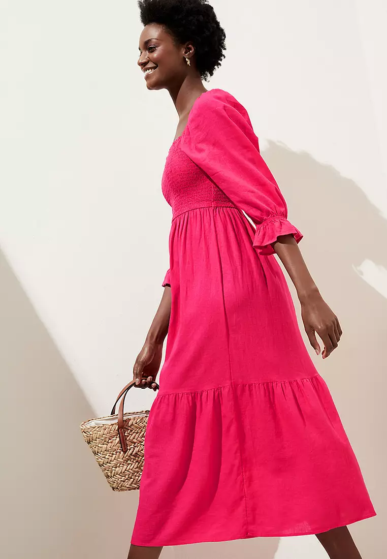 Linen Blend Square Neck Shirred Midi Dress