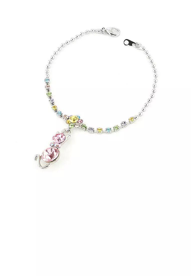 Dazzling Flower Bracelet with Cat Charm and Multi Color Austrian Element Crystals