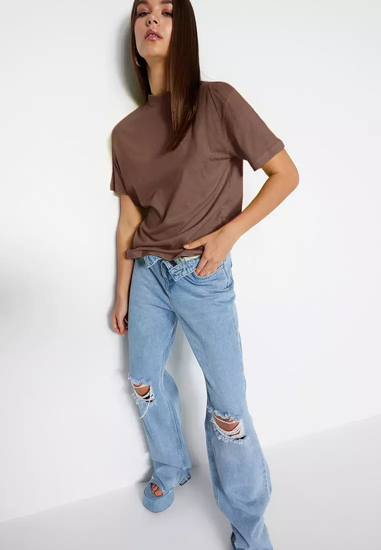 Light Brown 100% Cotton Basic Regular/Normal Pattern Stand Collar Knitted T-Shirt TWOAW20TS0096