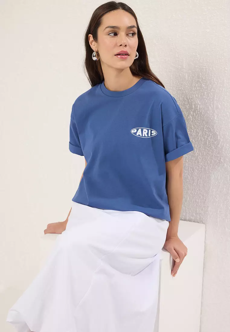 Indigo printed 100% Cotton Premium Oversize/Wide Pattern Crew Neck Knitted T-Shirt TWOSS23TS00040