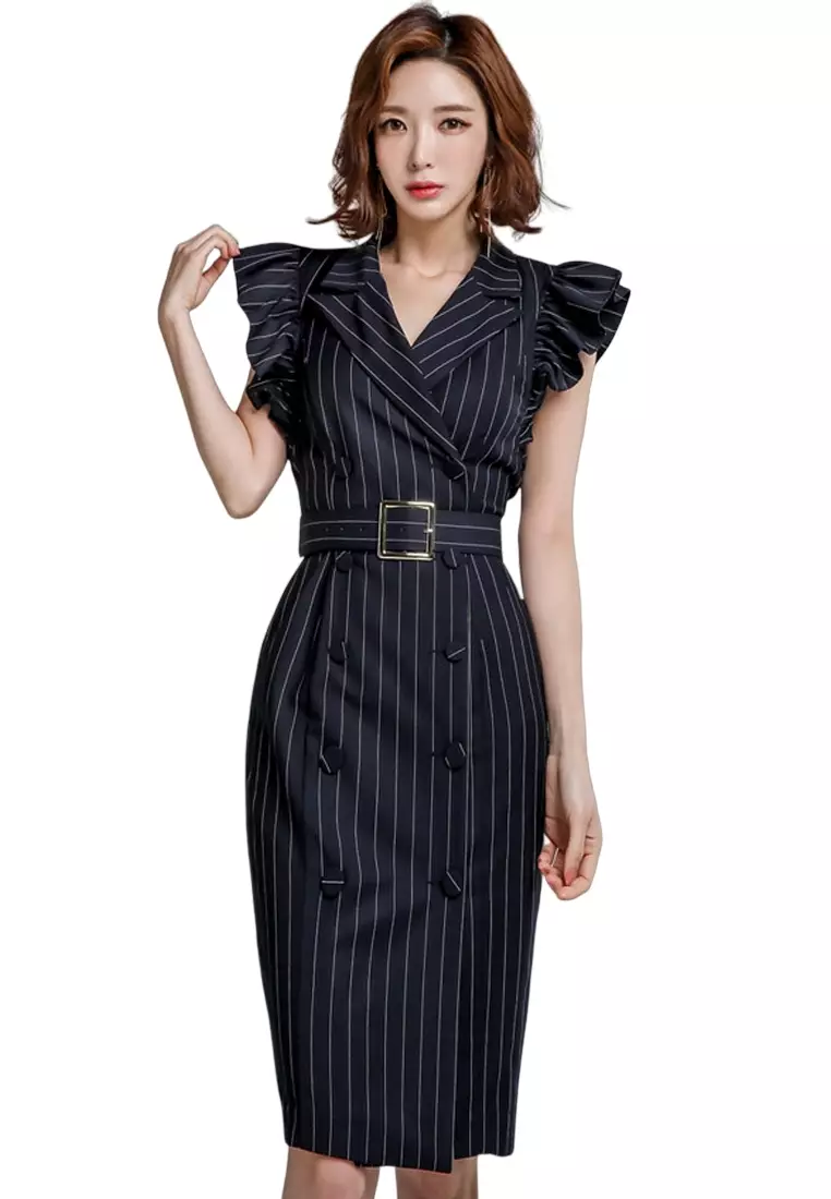Buy Sunnydaysweety Black Pin Stripe Ruffle One Piece Dress A091008 ...