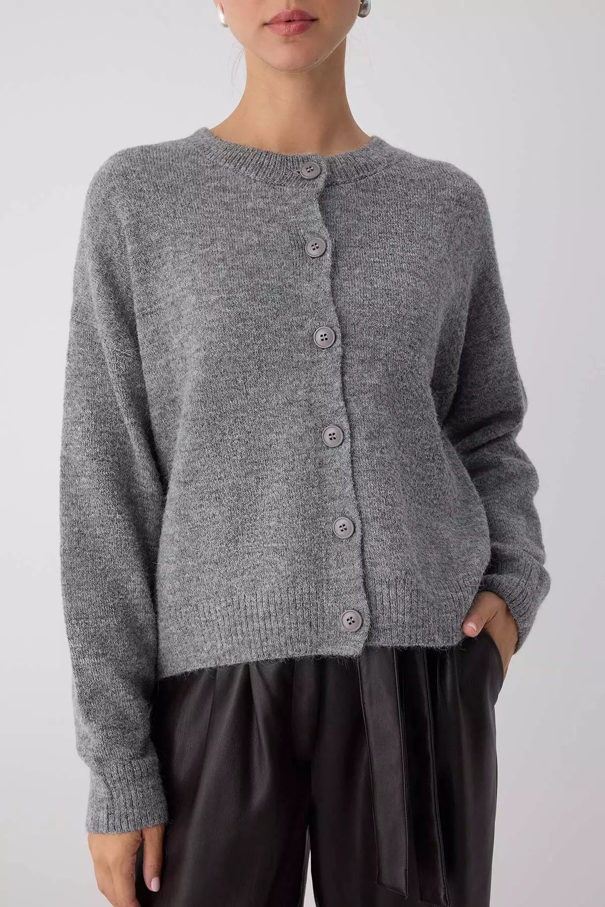 Anthracite Alpaca Wool Blended Wide Fit Knitwear Cardigan
