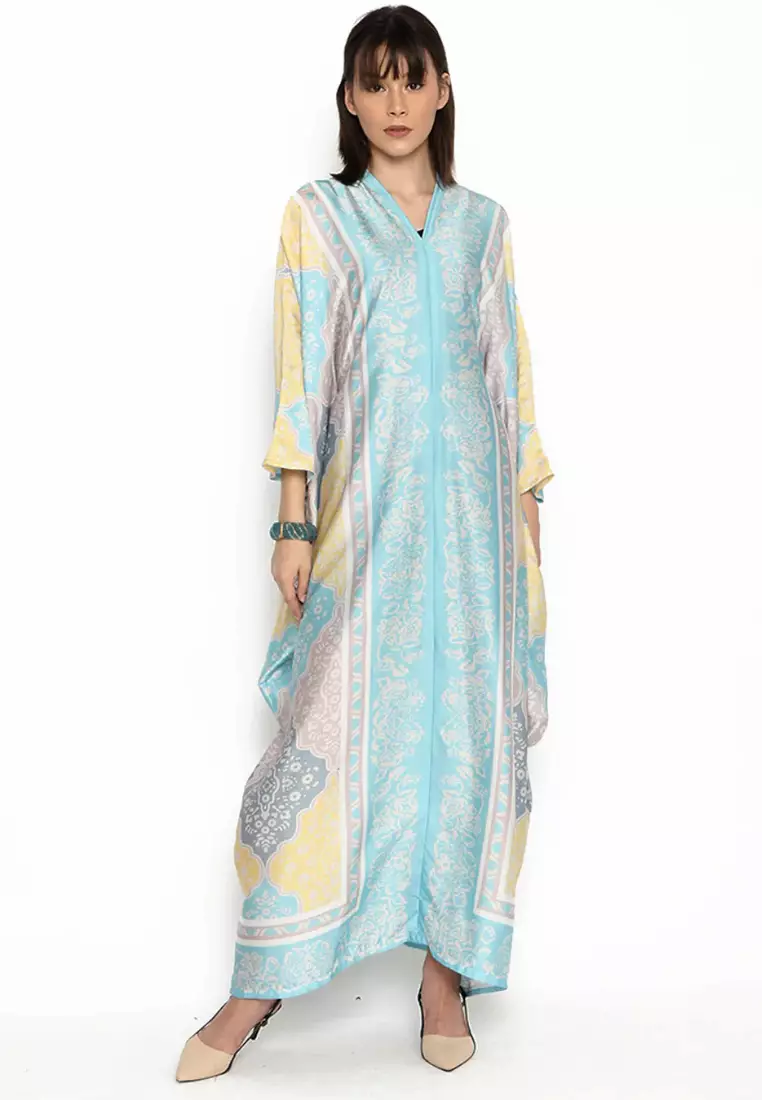 Kanzi Long Sleeve Blue Geometric Kaftan
