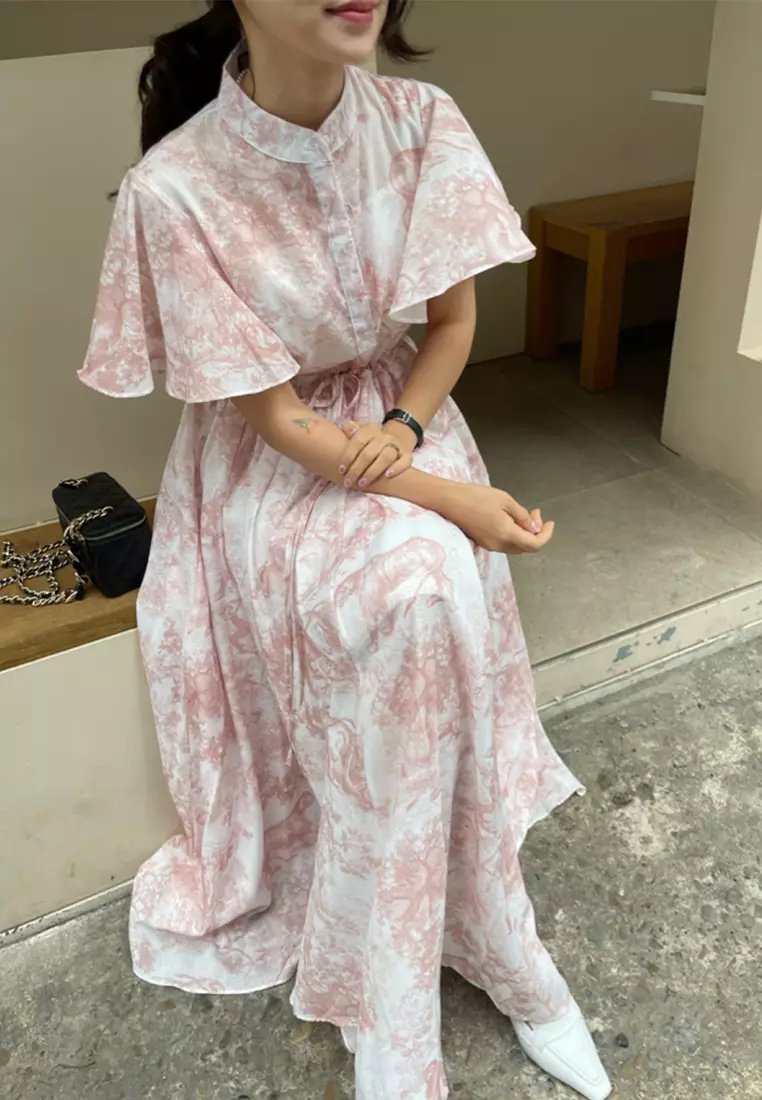 Summer vintage ink wash lace up chiffon dress CA25032717RD