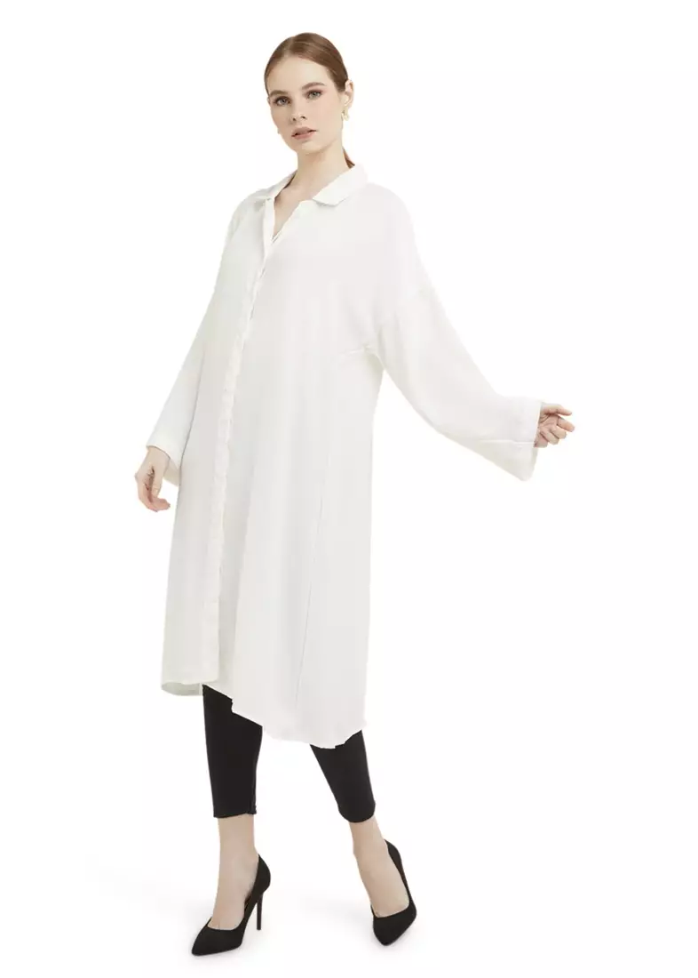 Qalita Tunik Kemeja Wanita Polos Plain Lengan Panjang Premium Quality - Broken White
