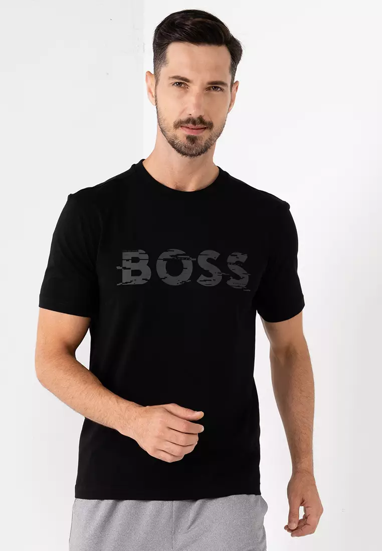 Shop BOSS Monogram-filled logo T-shirt in interlock cotton