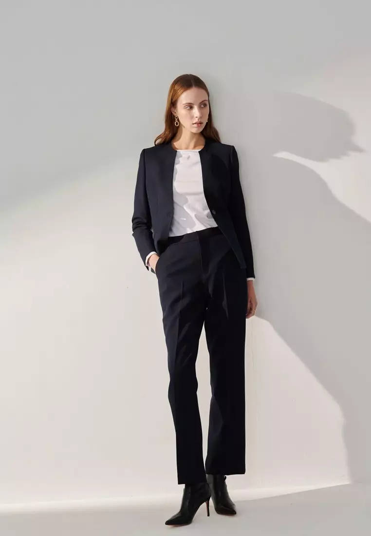 藏青斜紋無領適中版西裝外套