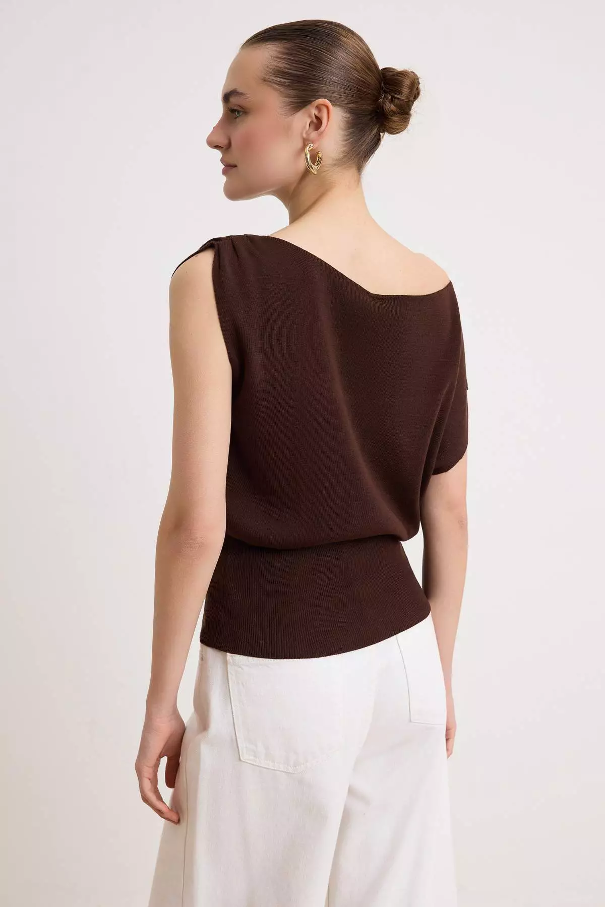 Brown Polka Dot Summer Special Yarn Boat Neck Waist Fitted Knitwear Blouse Twoss26Bz00313