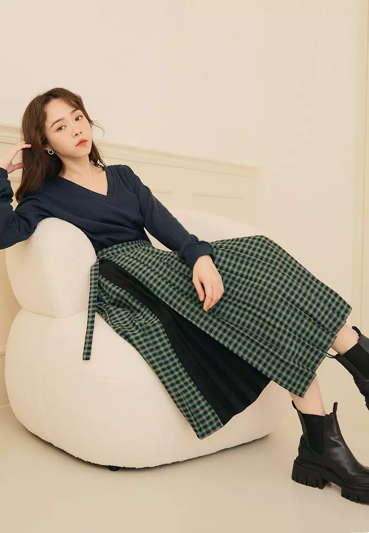 日系格紋收腰綁帶撞色拼接百褶裙《CA2702》