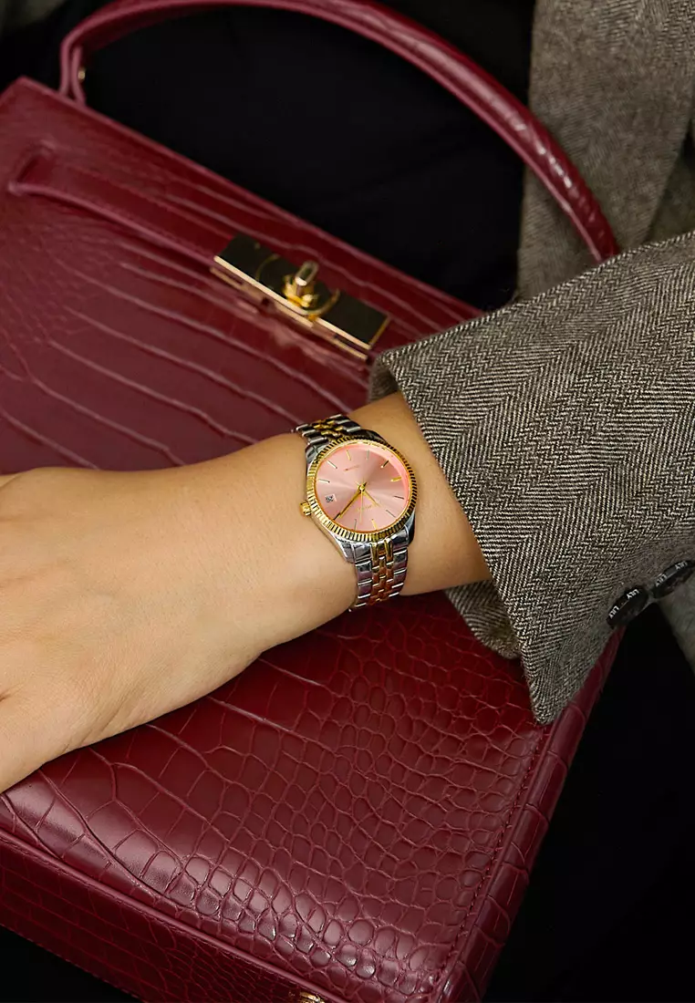 Women's Watch 32mm Pink Round Dial Stainless Steel Strap Calendar Function Rose Mary-Pink