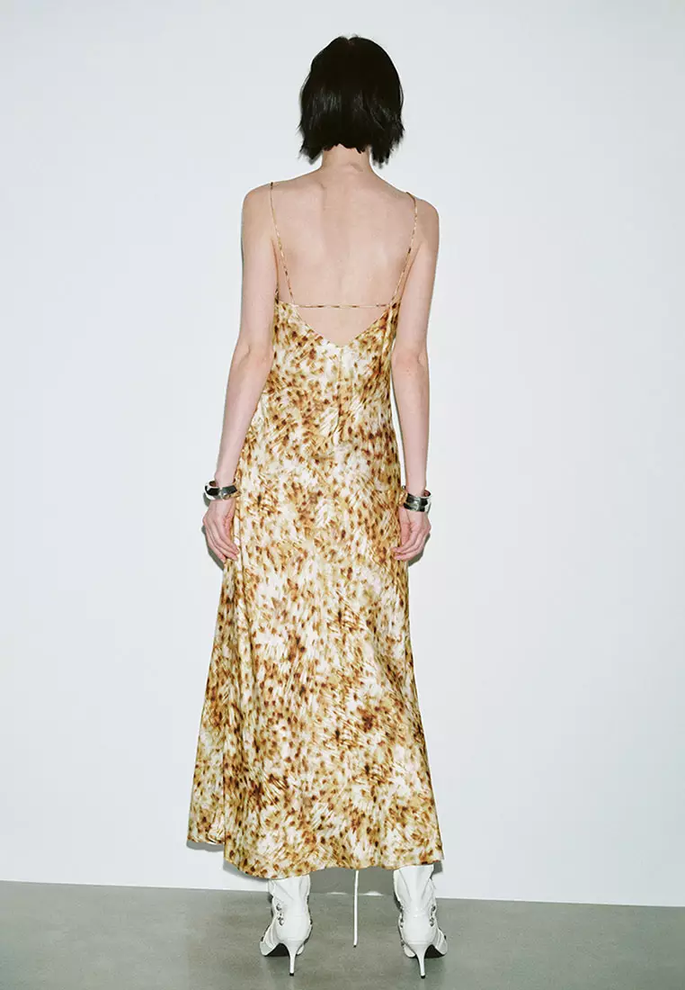 UR秋季新款女装复古豹纹印花褶皱吊带连衣裙UWJ740074