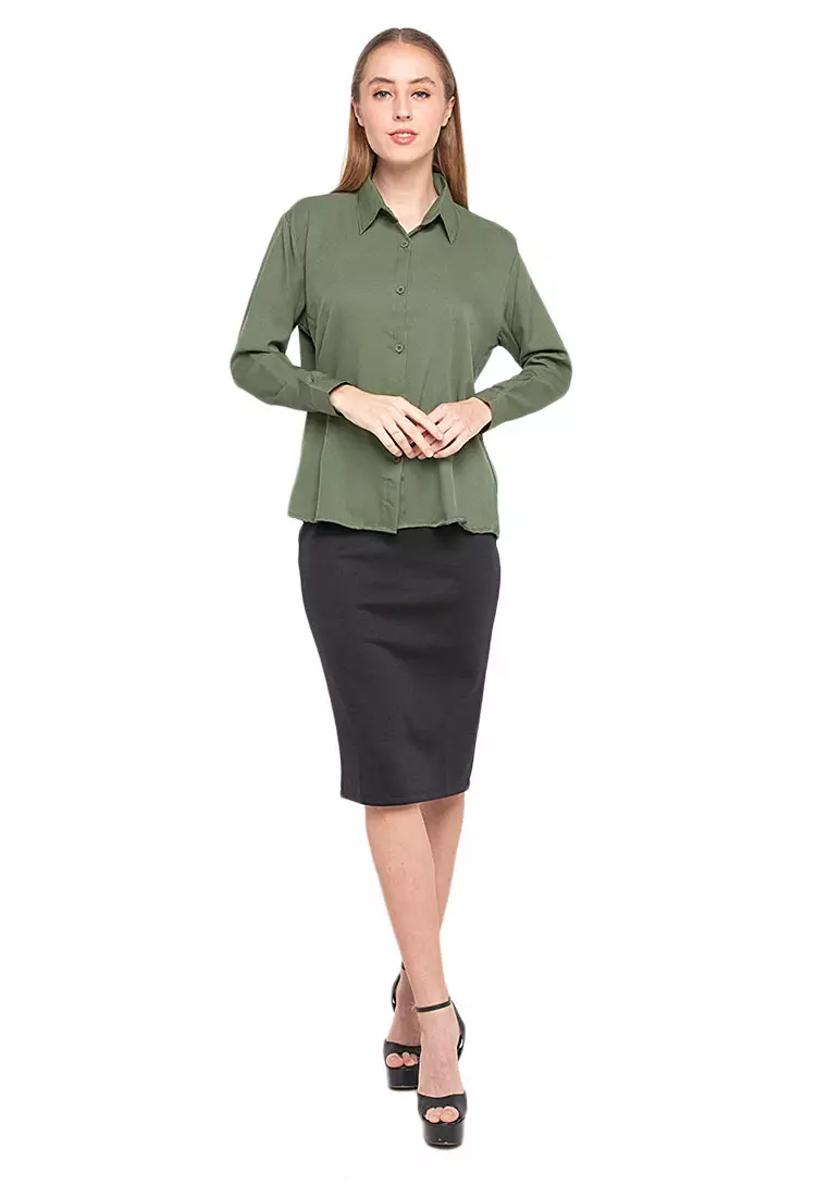 PrettyLArmyOriel Kemeja Atasan Lengan Panjang Shirt Wanita Design Basic Polos Regular Fit - Army