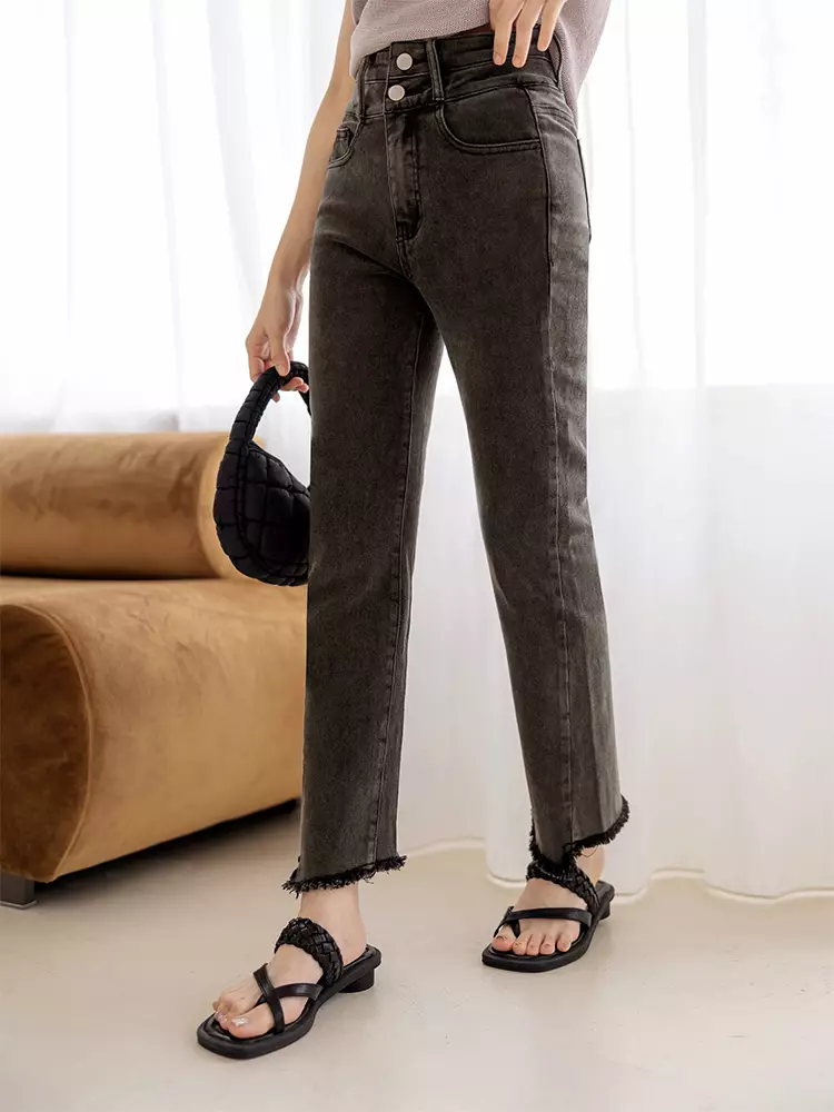 Distressed hem high-waisted stretch denim jeans [BA7502]