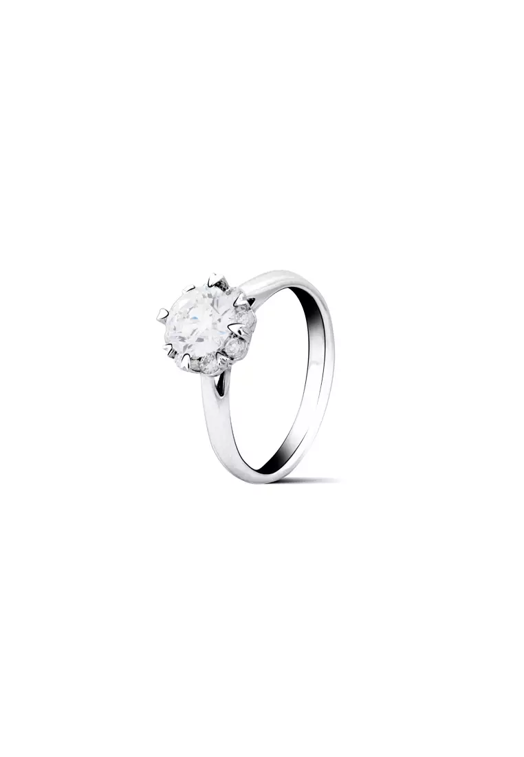 1.03ct Round Certified Lab Grown Diamond Petal Halo Engagement Ring with Pavé Band in 18K White Gold