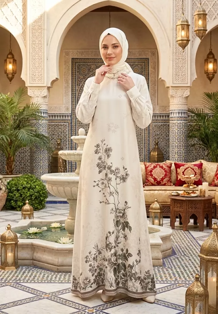 Gamis Muslimah Premium Motif Floral Vintage Warna Cream – Dress Maxi Elegan Lengan Panjang Cocok untuk Lebaran & Acara Formal By Brilliant Girl Warna CREAM