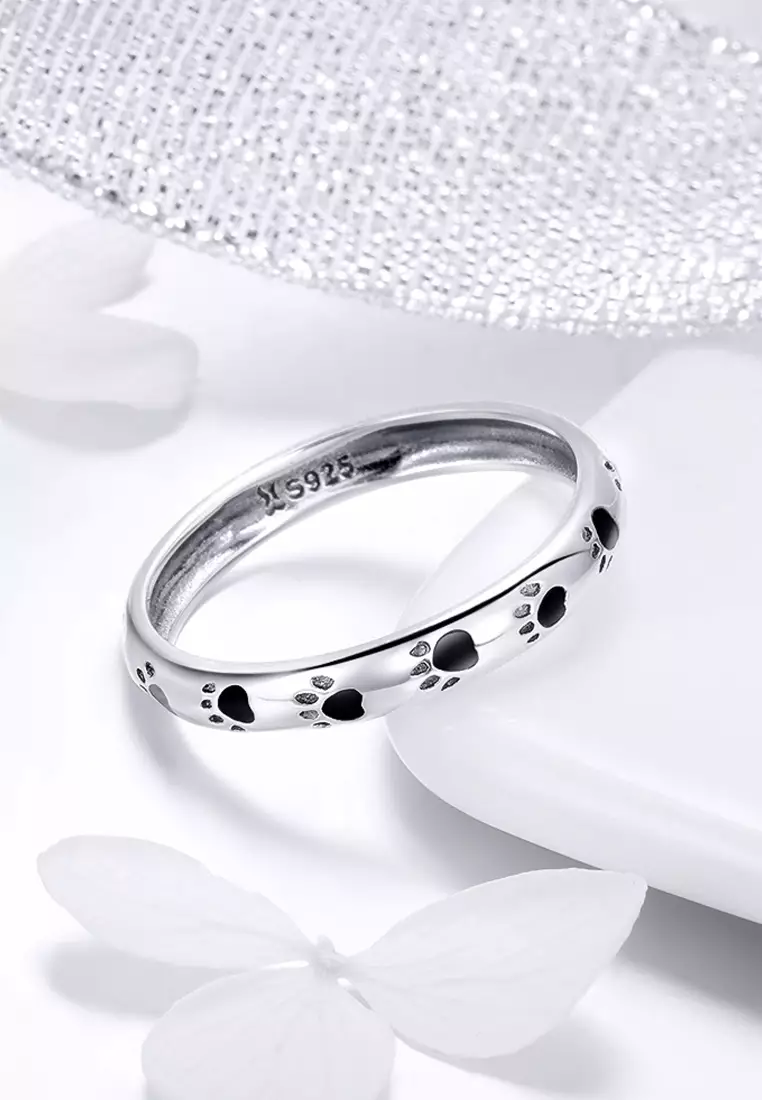 Solid 925 Sterling Silver Animal Pet Paw Print Band Ring - US 9