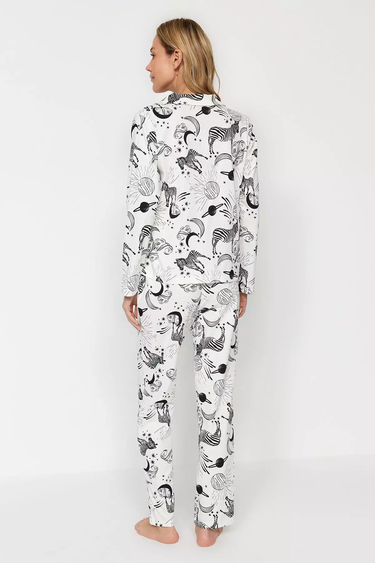 White 100% Cotton Patterned Shirt-Pants Knitted Pajama Set THMAW24PT00002