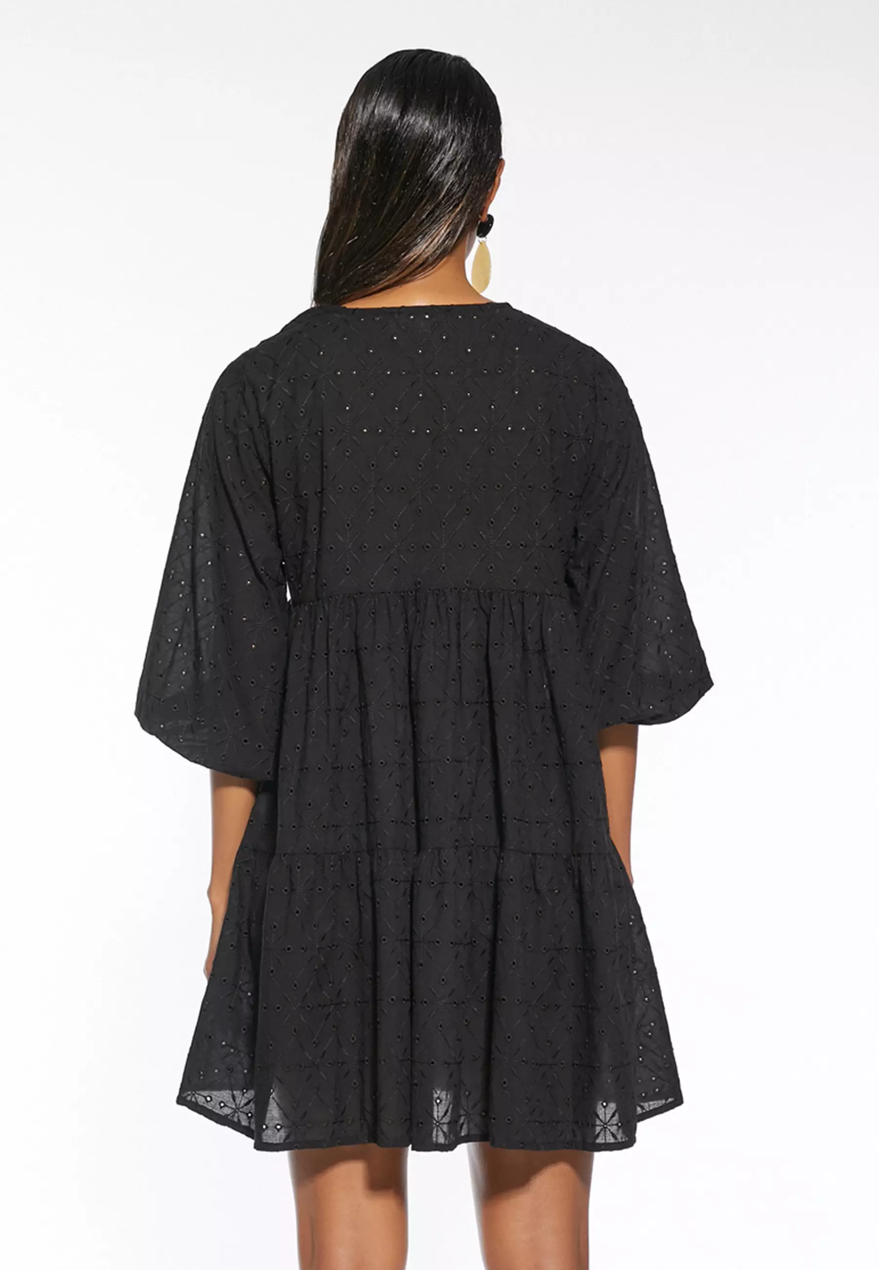 Embroidered Balloon Sleeves V-Neck Mini Beach Dress