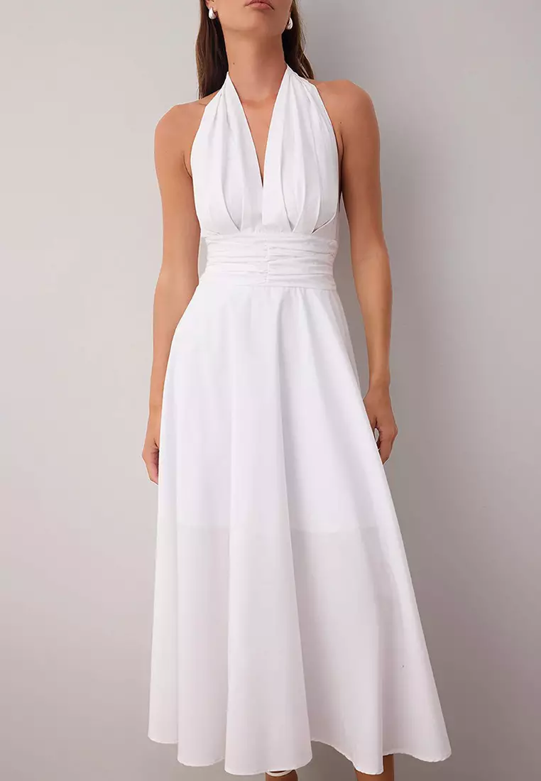 White Low-Cut Halter Neck Poplin Lined Woven Dress