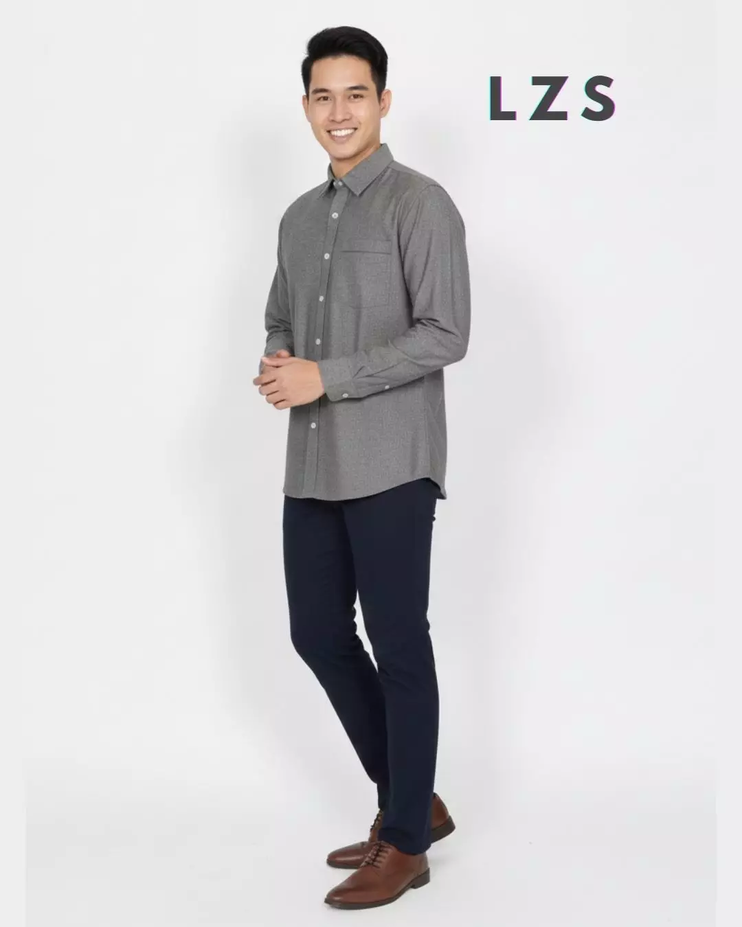 Kenzo Shirt - Kemeja Cotton Lengan Panjang Polos - ABU Reguler Fit Pria