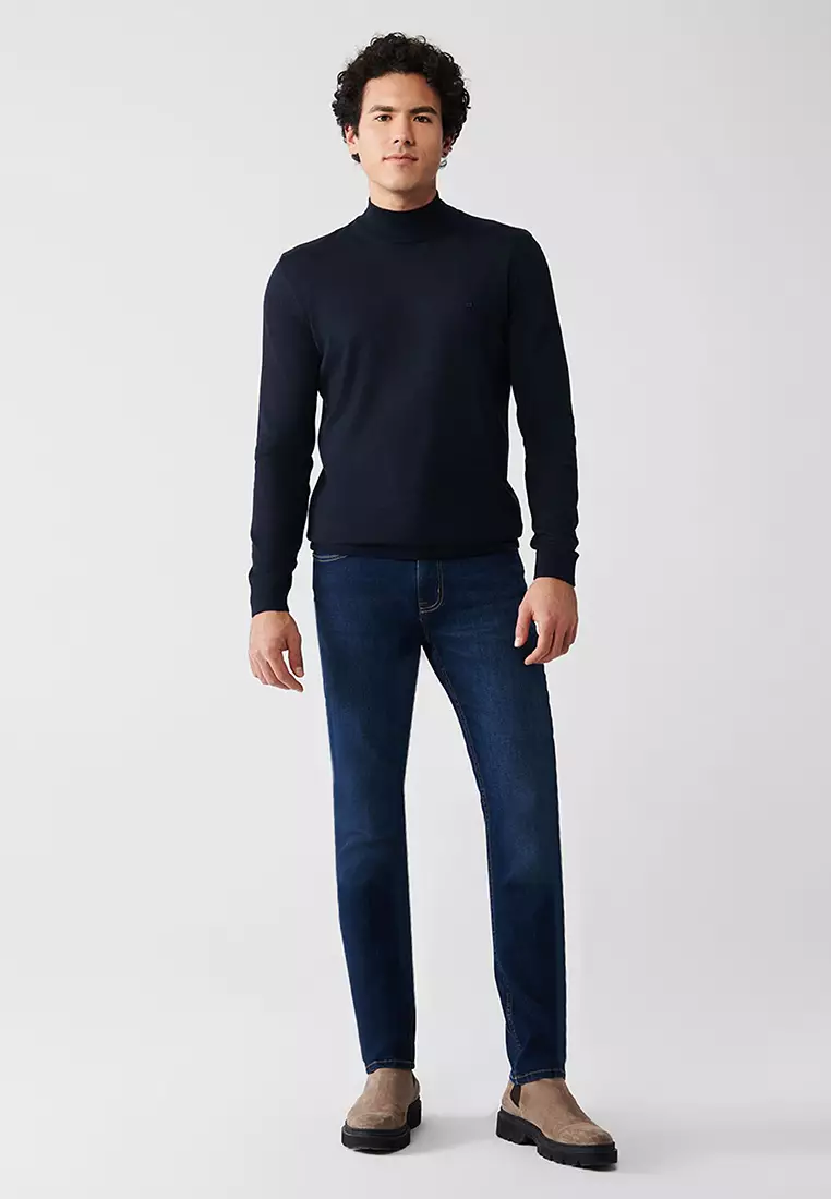 Men's Navy Blue Half Turtleneck Wool Blended Knitwear Sweater B 005015