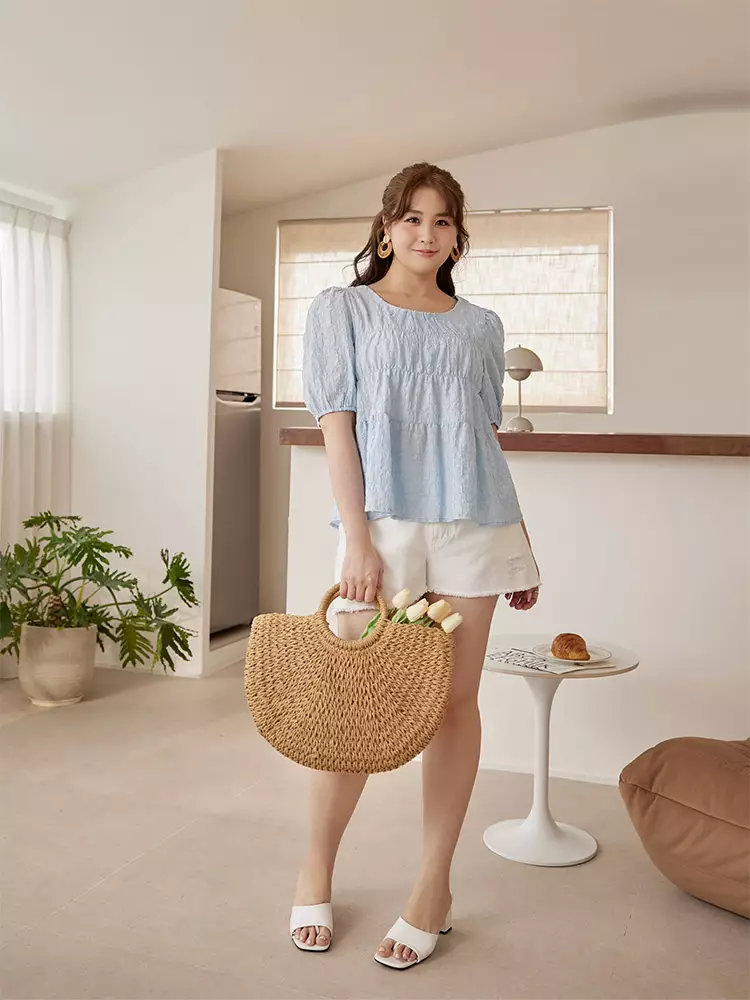 Buy OBSTYLE Textured fabric puff sleeve layered A-line top 