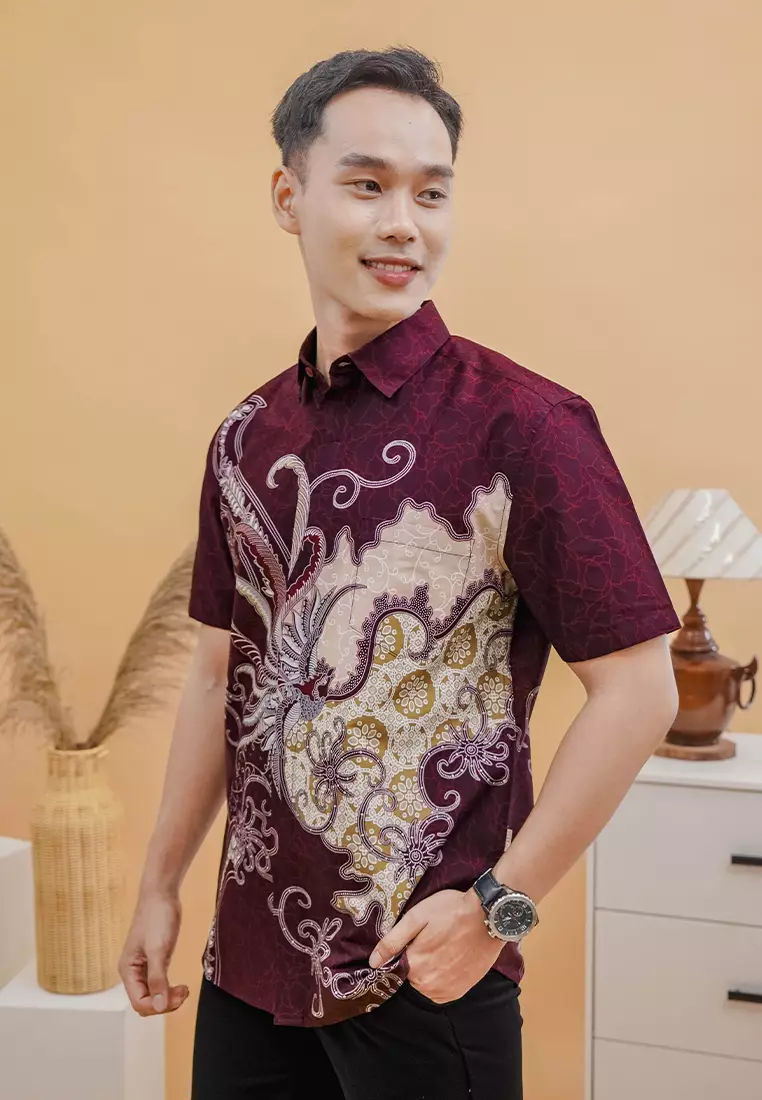 My Aksa Batik Pria Kemeja Pendek Rupa Raya Maroon