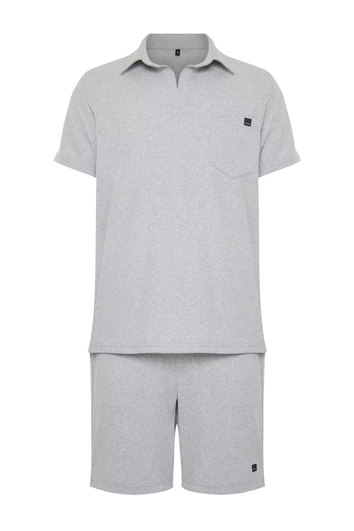 Gray Regular/Normal Cut Textured Fabric Labeled Polo Collar Tracksuit Set TMNSS23EM00003