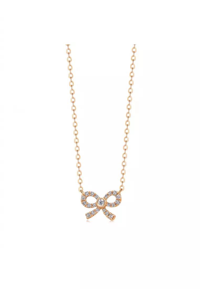 Delicate Gold 18K Rose Gold 0.074 Carat (I-J Color, VS1-VS2 Clarity) Diamond Bowtie Necklace for Women 92287N