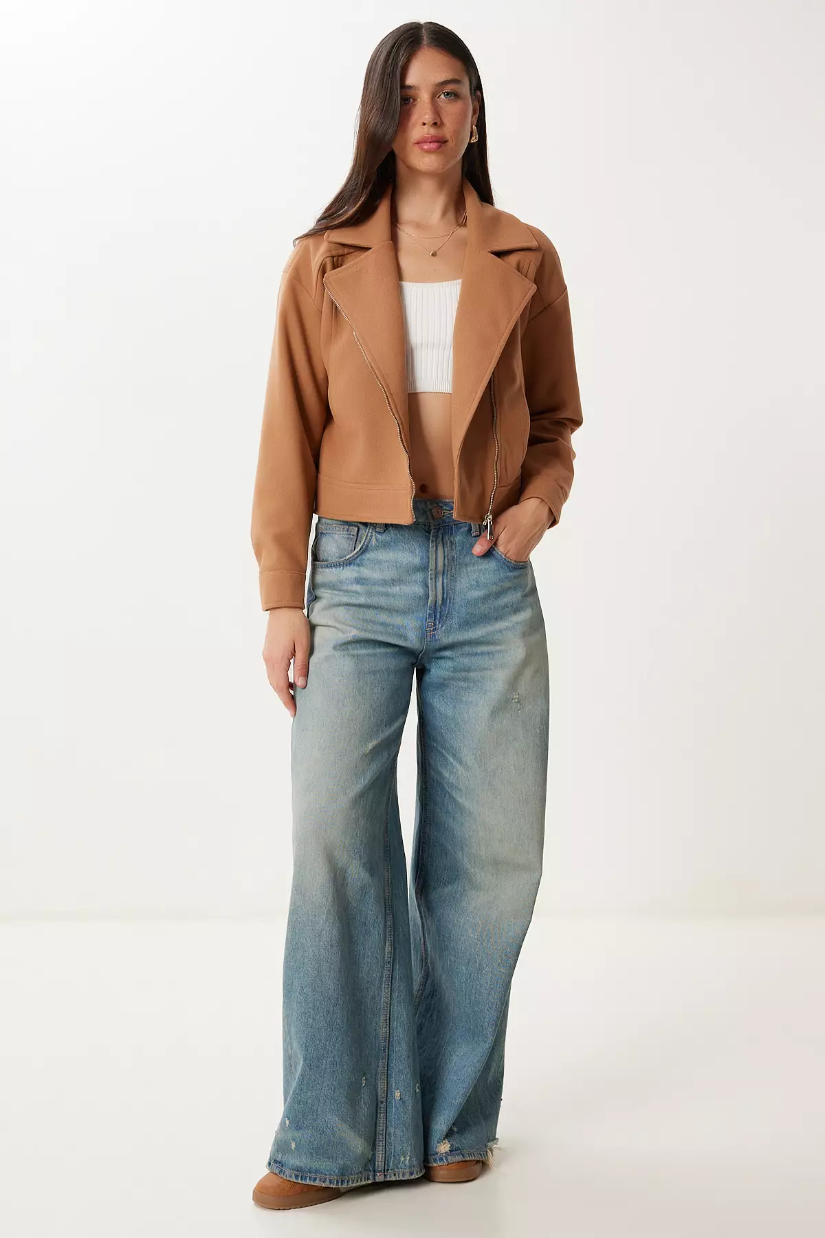 Women's Camel Pocket Short Cashmere Jacket Dd01372