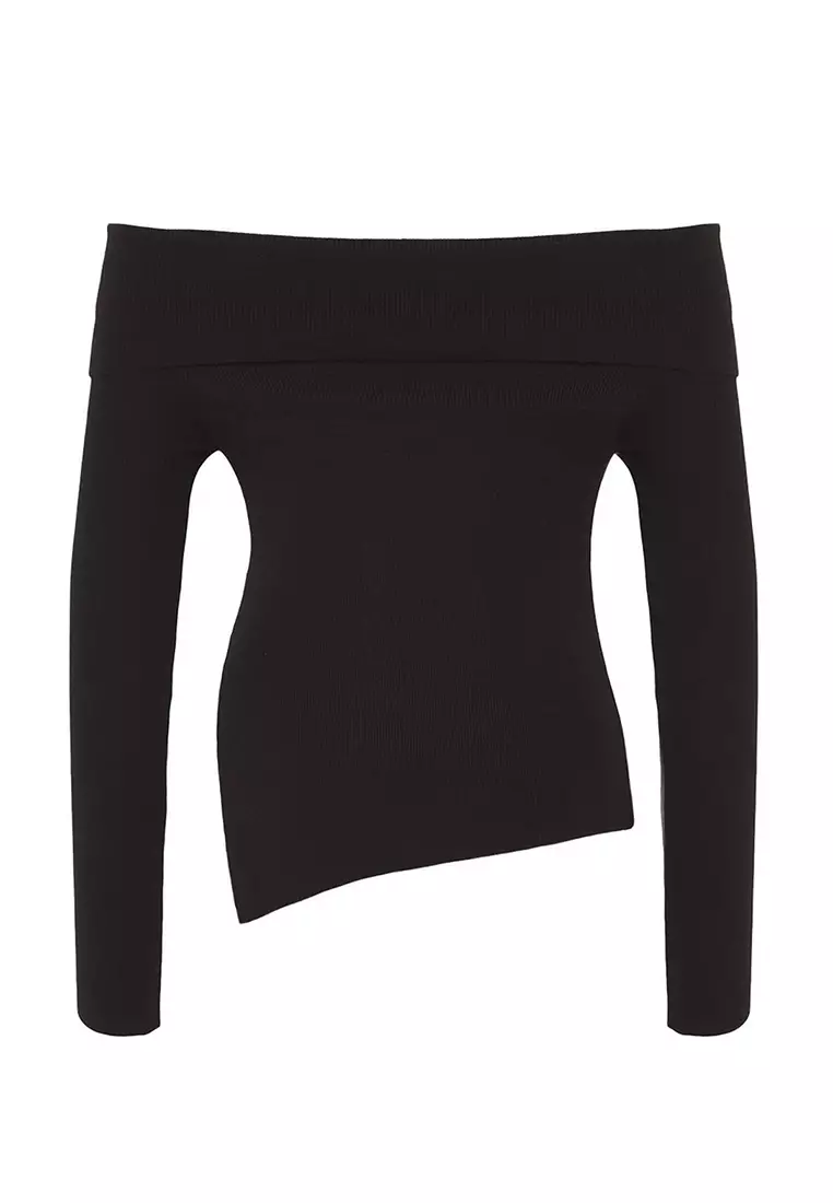 Black Premium Yarn/Special Yarn Carmen Collar Knitwear Sweater