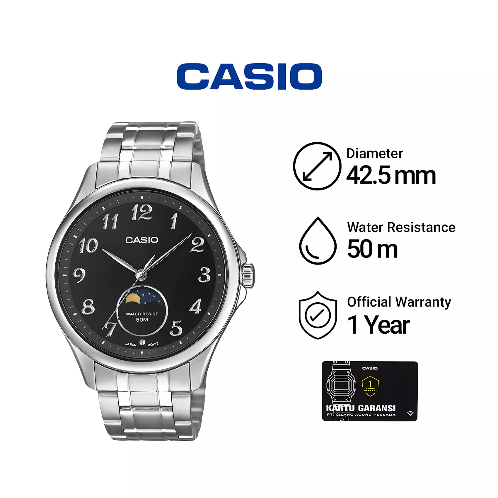 Casio - Jam Tangan Analog Pria Moon Phase - Black Dial - All Stainless Steel - MTP-M110D-1AV